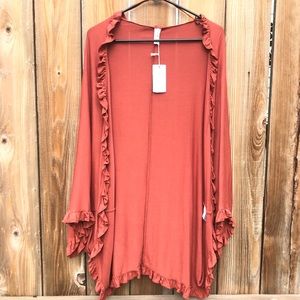 L Love Dolman Ruffle Trim Kimono Cardigan